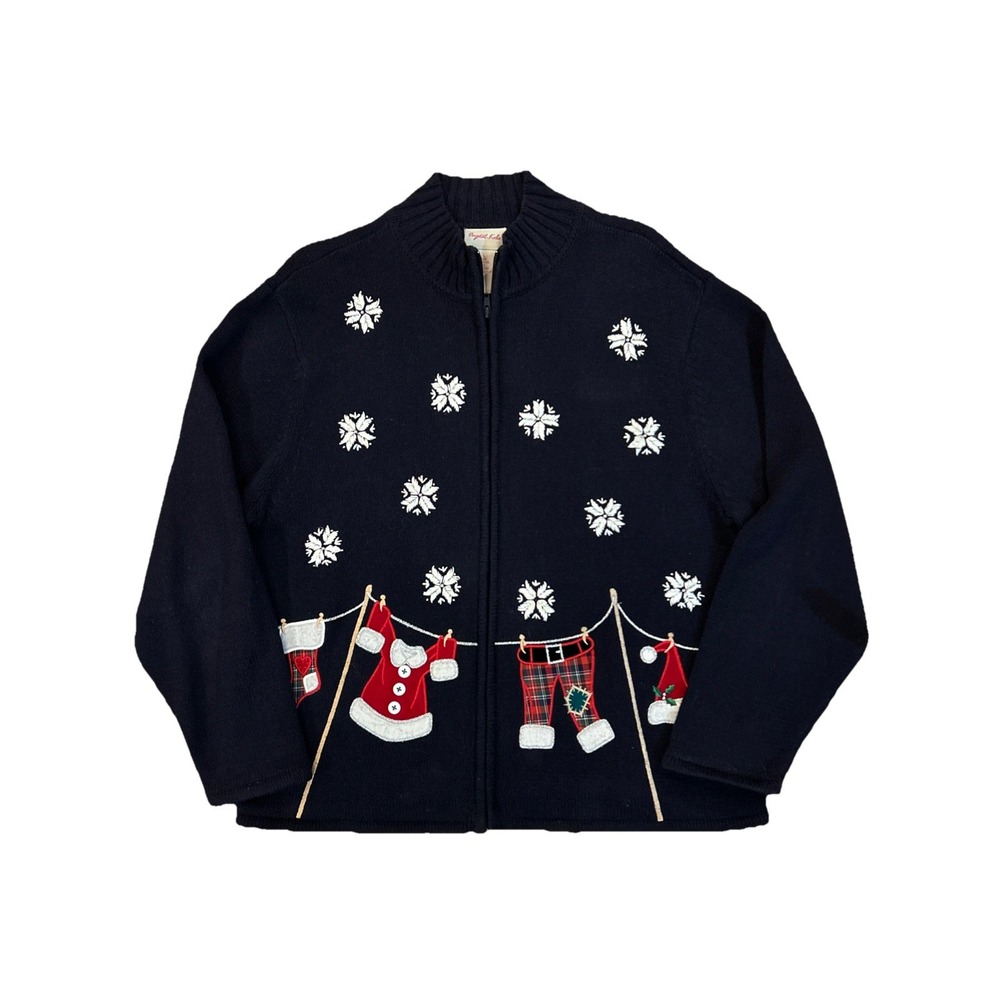 Crystal Kobe Black Santa Tartan Snowflake Zip Knit Moc Neck Cardigan Christmas L